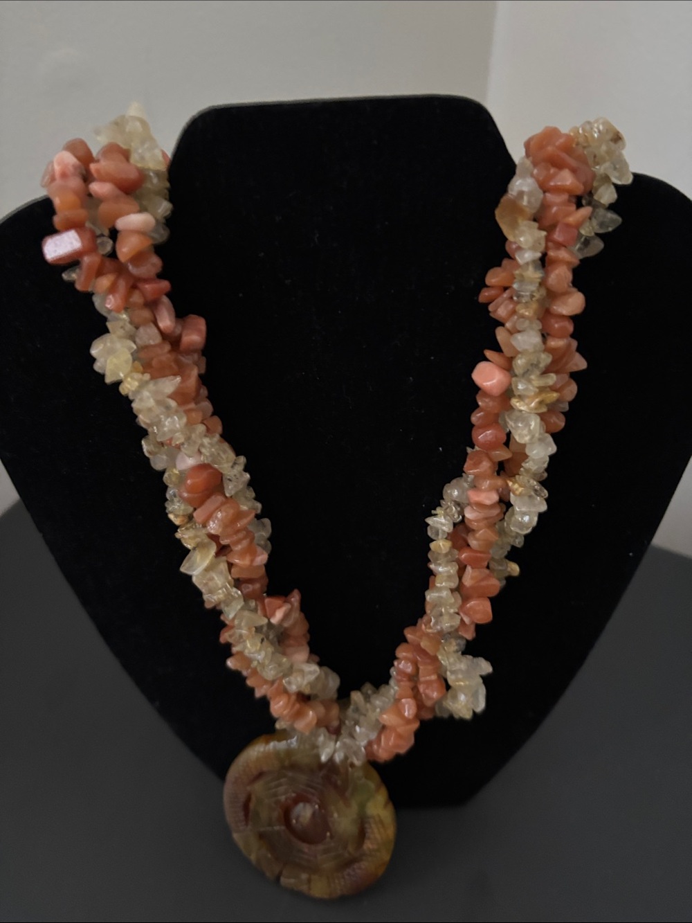 Handcrafted Coral and Citrine Chip Necklace with Round Pendant